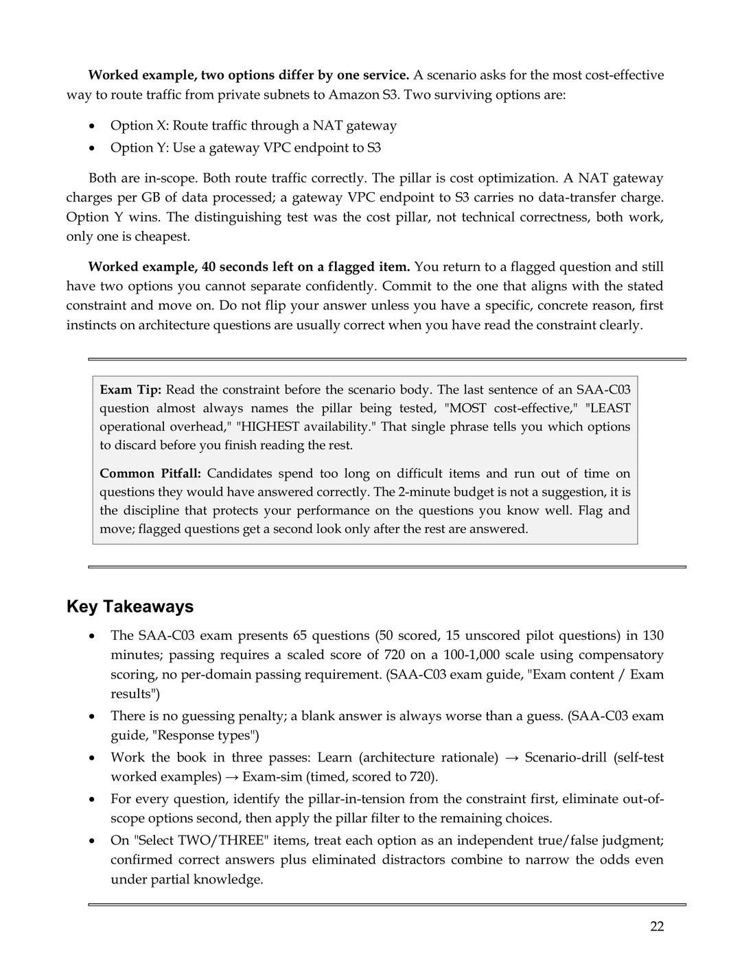 Page 22 of the Simply Certified SAA-C03 study guide, showing an Exam Tip, a Common Pitfall and Key Takeaways