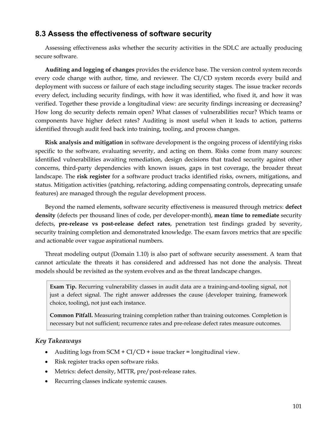 Page 101 of the Simply Certified CISSP study guide, showing objective 8.3 with an Exam Tip, a Common Pitfall and Key Takeaways
