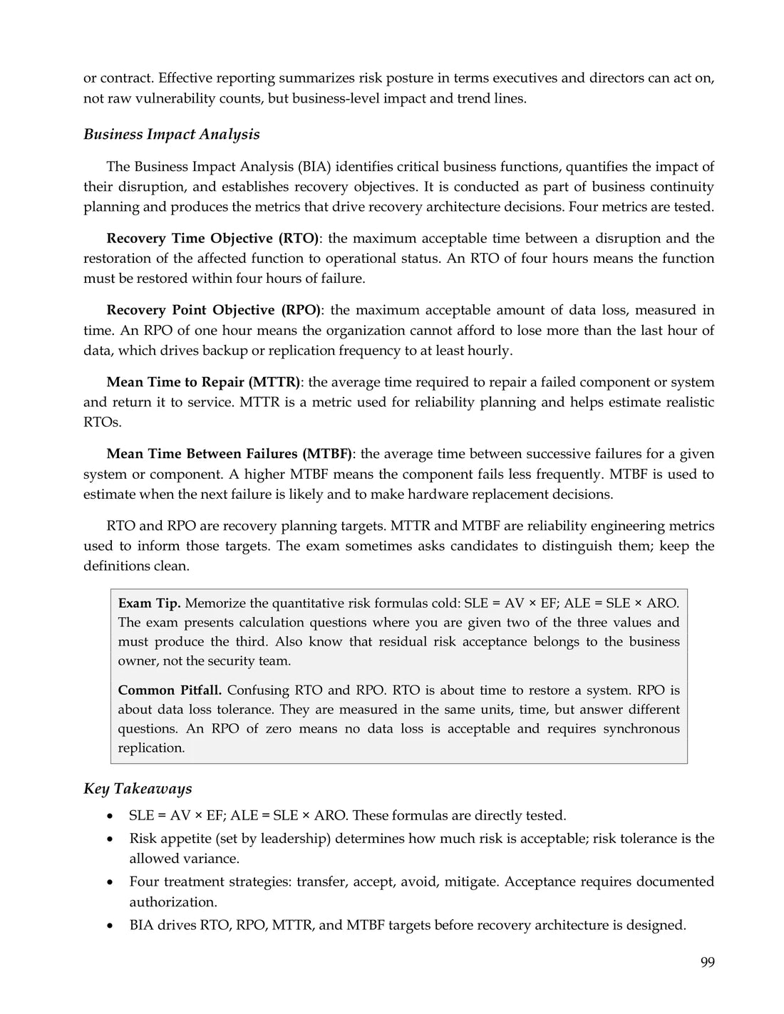 Page 99 of the Simply Certified SY0-701 study guide, showing an Exam Tip, a Common Pitfall and Key Takeaways