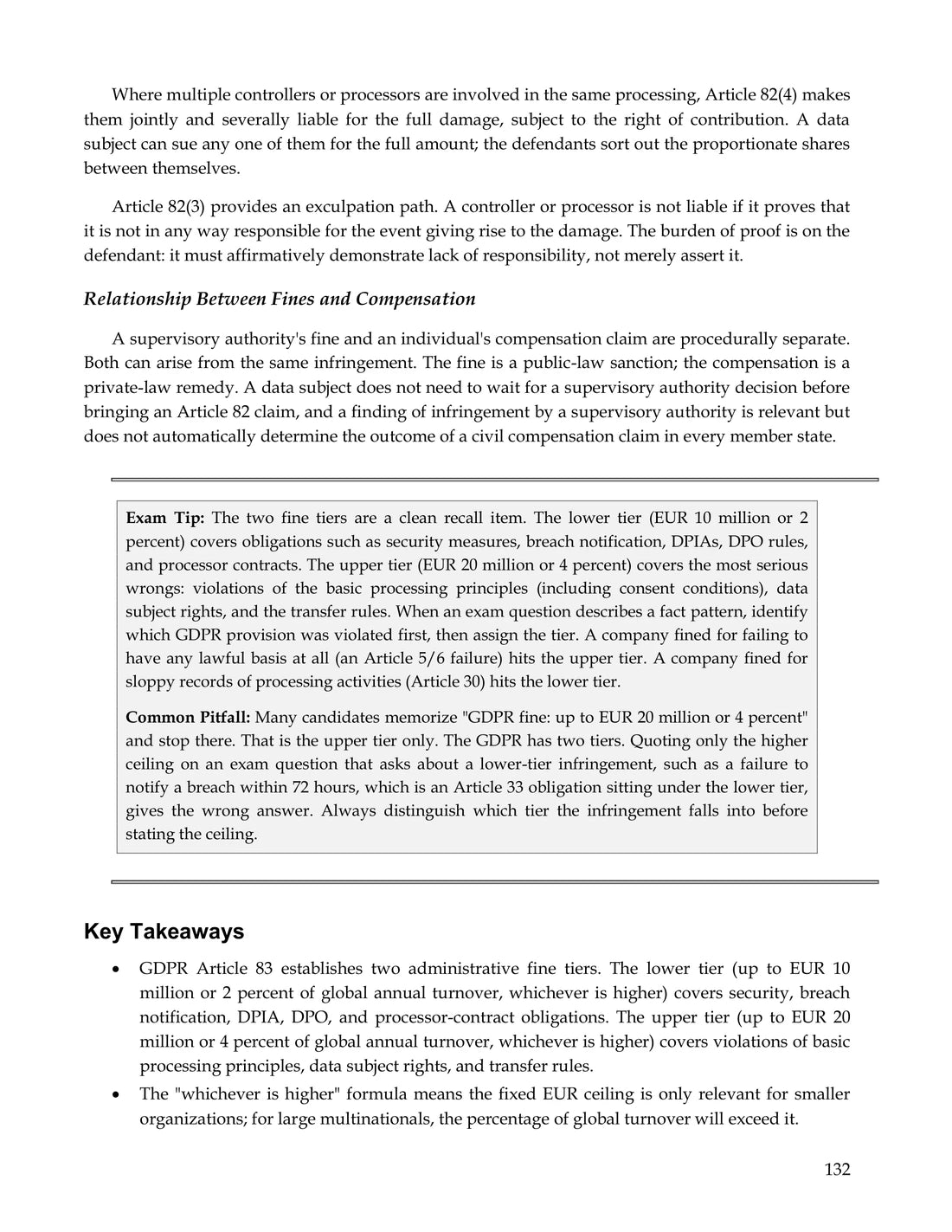 Page 132 of the Simply Certified CIPP-E study guide, showing an Exam Tip, a Common Pitfall and Key Takeaways