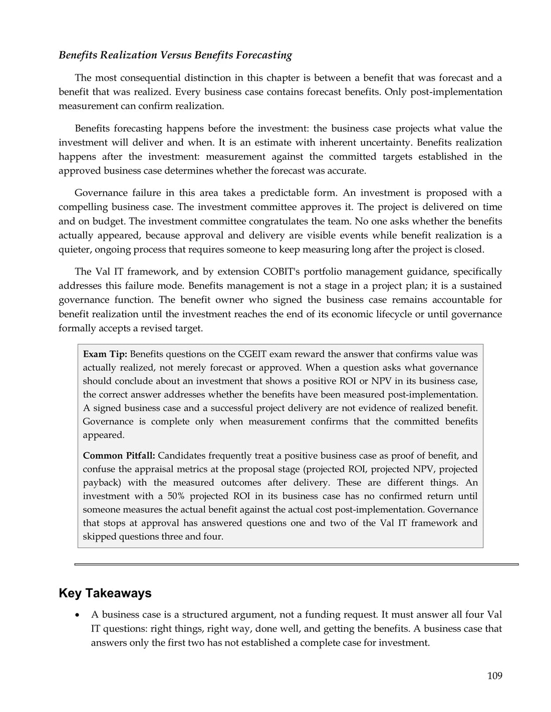 Page 109 of the Simply Certified CGEIT study guide, showing an Exam Tip, a Common Pitfall and Key Takeaways