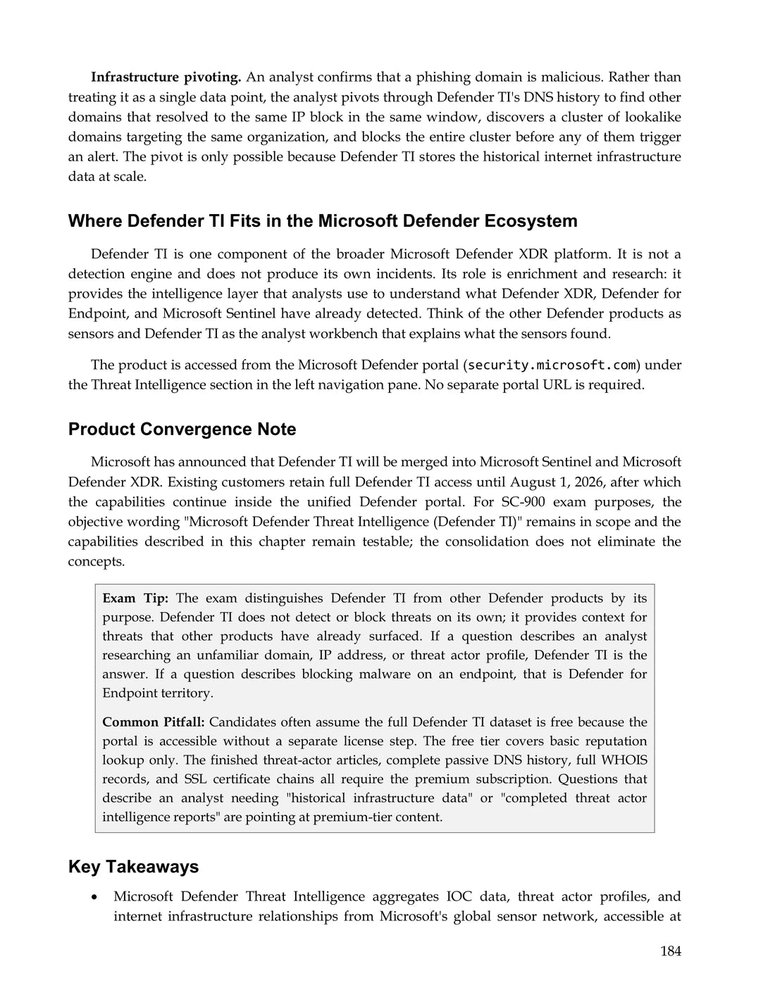 Page 184 of the Simply Certified SC-900 study guide, showing an Exam Tip, a Common Pitfall and Key Takeaways